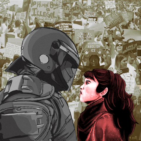 Digital drawing with collage background for a class project.