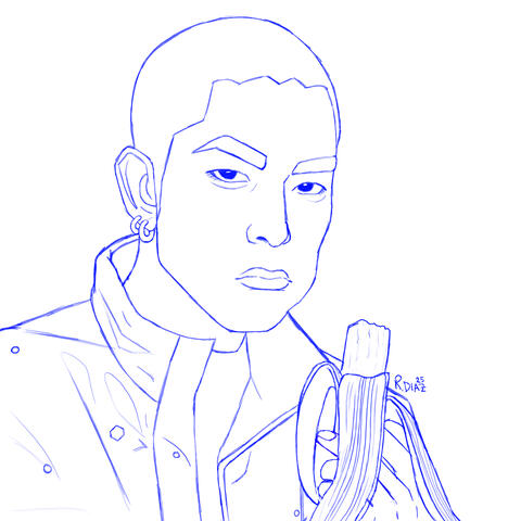 A quick sketch of a man eating a banana.